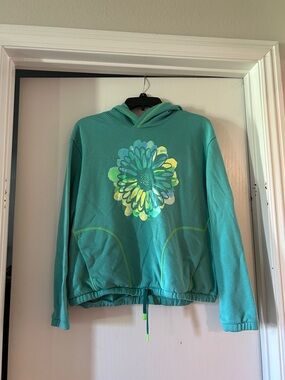 Lands' End Teal Pullover Hoodie with Contrast Stitching and flower design.